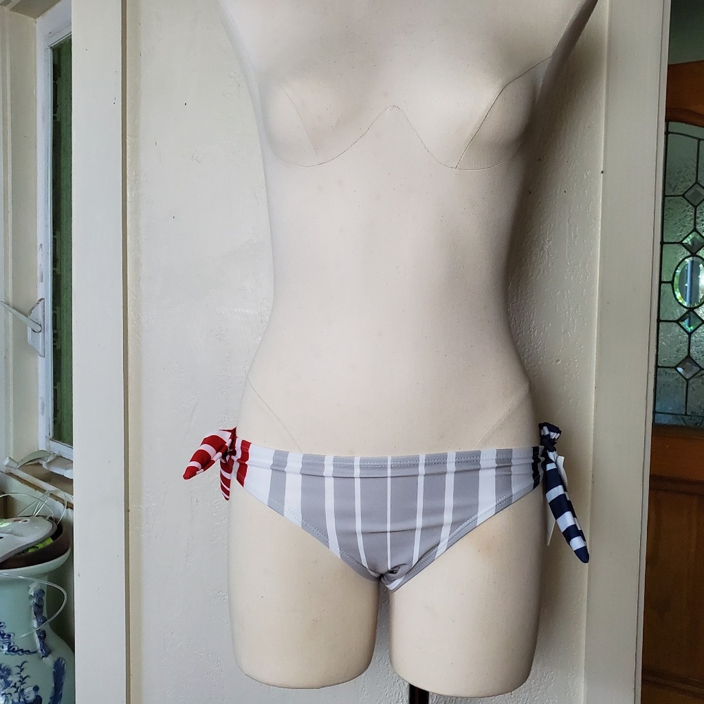Red White Blue & Grey Stripe Tie Bikini Bottom